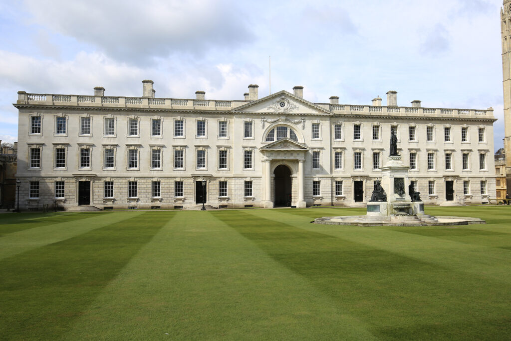 Styles Façade Solutions® presents the fully restored Gibbs Building at King's College, Cambridge, its Portland stone façade now bright and evenly toned after cleaning. Previous staining and streaking have been removed, revealing crisp architectural detailing across the pediment, cornices, and window surrounds.
