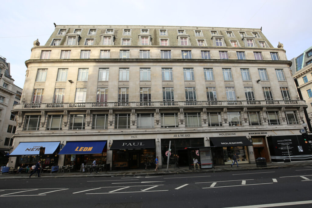 Styles Façade Solutions® prepares to clean the weathered stonework of Roxburghe House, London, ahead of a full façade restoration. This "before" image captures the accumulated grime and staining across the building's upper storeys, illustrating the scale of work required to restore the façade.