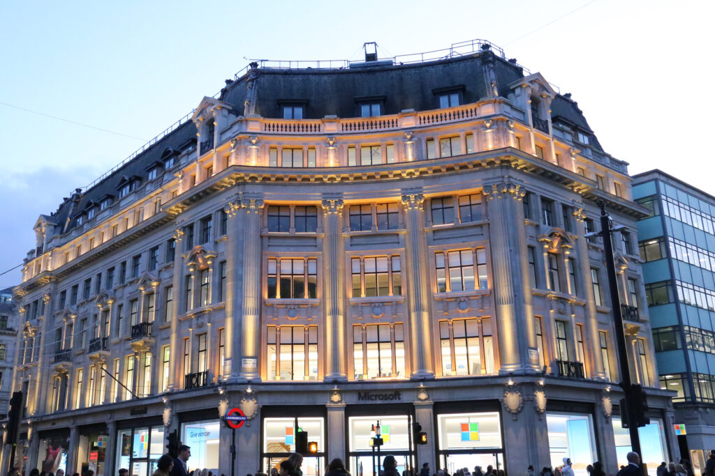 Styles Façade Solutions® showcases 253-259 Regent Street after the clean — its ornate stonework restored and gleaming. Our expert façade cleaning services strip away years of urban grime, revealing architectural detail and enhancing prestige. Trust Styles Façade Solutions® to reveal your building's true character, day and night.
