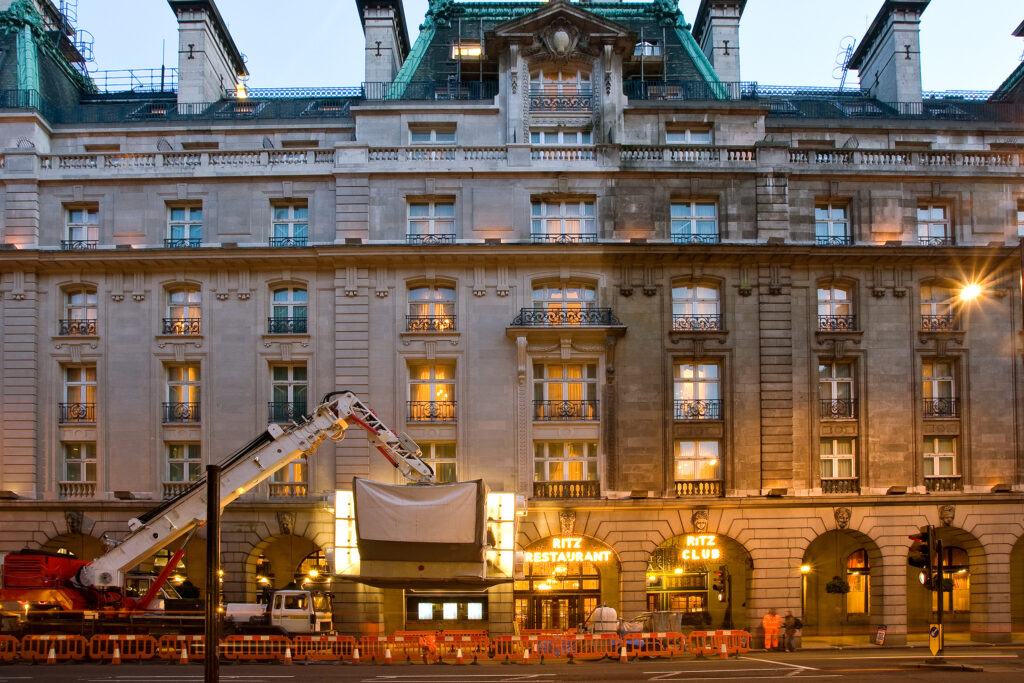 Styles Façade Solutions® undertake overnight Façade Gommage cleaning of The Ritz Hotel's prestigious Portland stone and Cornish Grey Granite façade on Piccadilly, London.