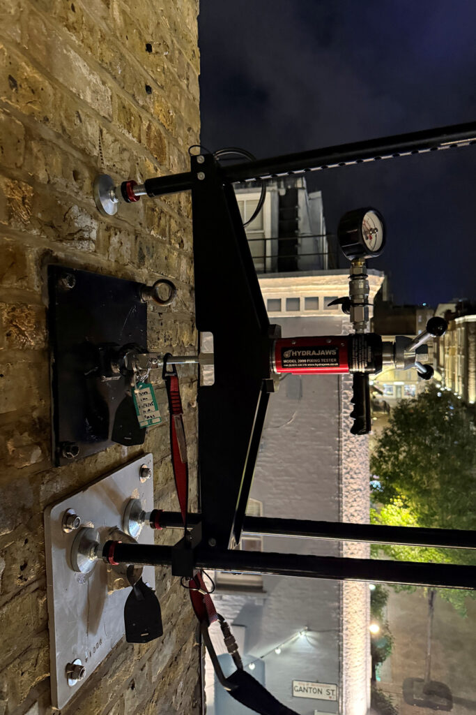Styles Façade Solutions® uses precision equipment, including the Hydrajaws Model 2000 Fixing Tester, to carry out thorough eye bolt testing on buildings across London. Choose our experienced team to ensure your building's anchor points are safe, certified, and ready for reliable access at height, day or night.