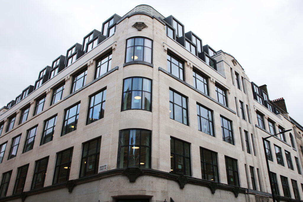 Styles Façade Solutions (formerly Thomann-Hanry®) dramatically transformed Film House, 142 Wardour Street, London, using the specialist scaffold-free Façade Gommage cleaning process. The Portland stone façade is restored to a bright, crisp cream tone, fully revealing the elegance of the building's distinctive Art Deco architecture.
